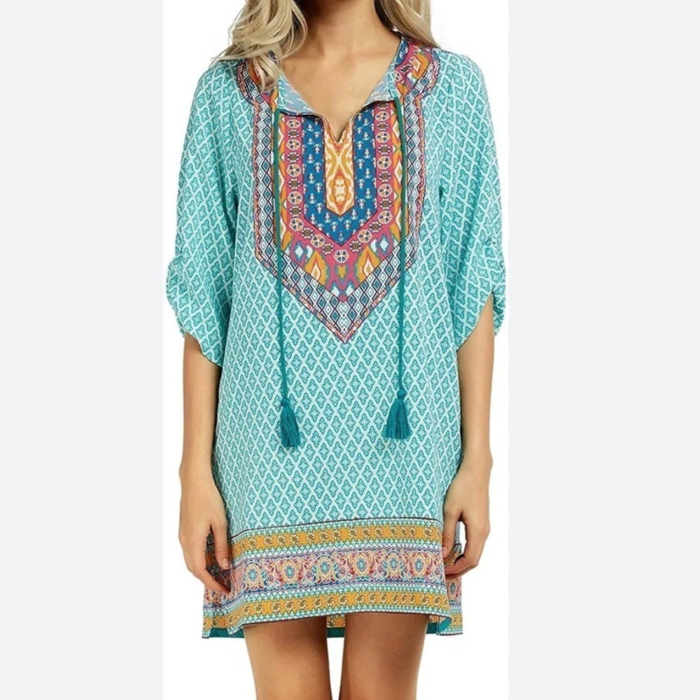 ⭐️Urban Coco,Boho Tunic/Shift Dress Lightweight Poly/Spandex Blend,Tasseled,M